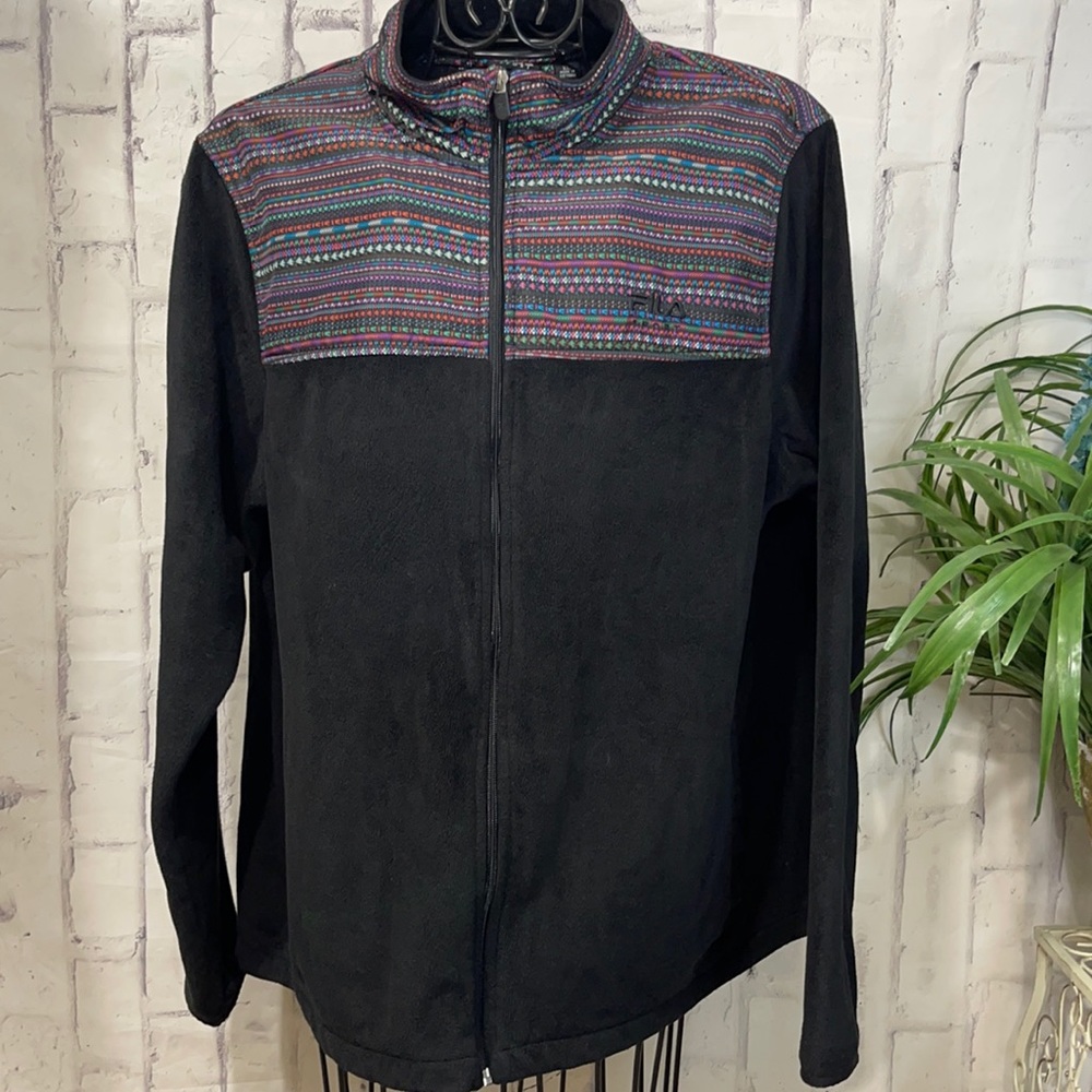 Fila Sport Full Zip Jacket Velour Southwest Print High Collar Shoulder Panel
